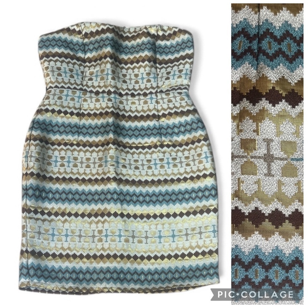 NWT Strapless Aztec Metallic Mini Dress - Blue and Bronze Gold sz M